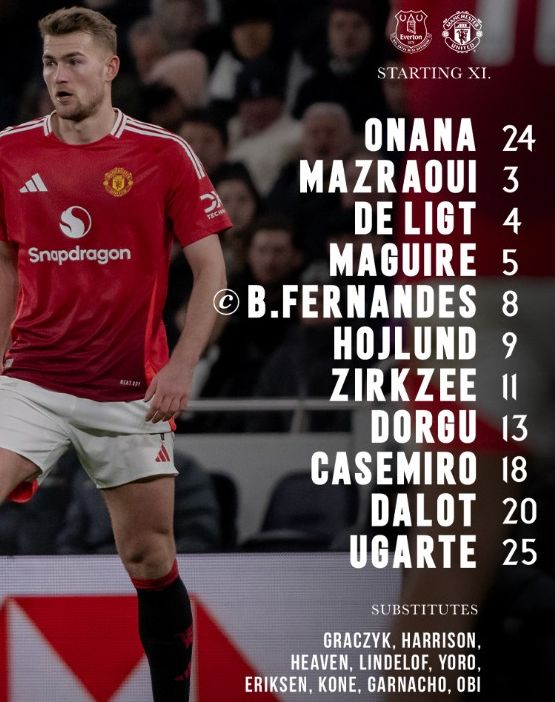 man united starting lineup vs everton fc february 2025