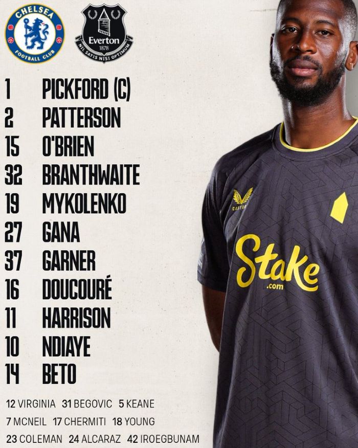 Everton FC starting lineup vs Chelsea FC April 2025