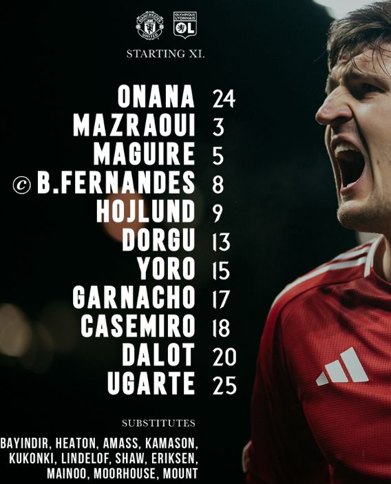 Manchester United FC vs Olympique Lyon 5-4 Starting Lineups 2025 Europa League