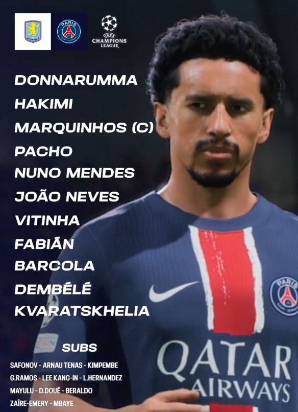 PSG FC starting lineup vs Aston Villa Second Leg Champions League 2025