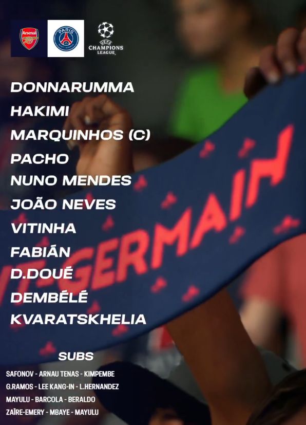 PSG starting lineup vs Arsenal FC 2025 April