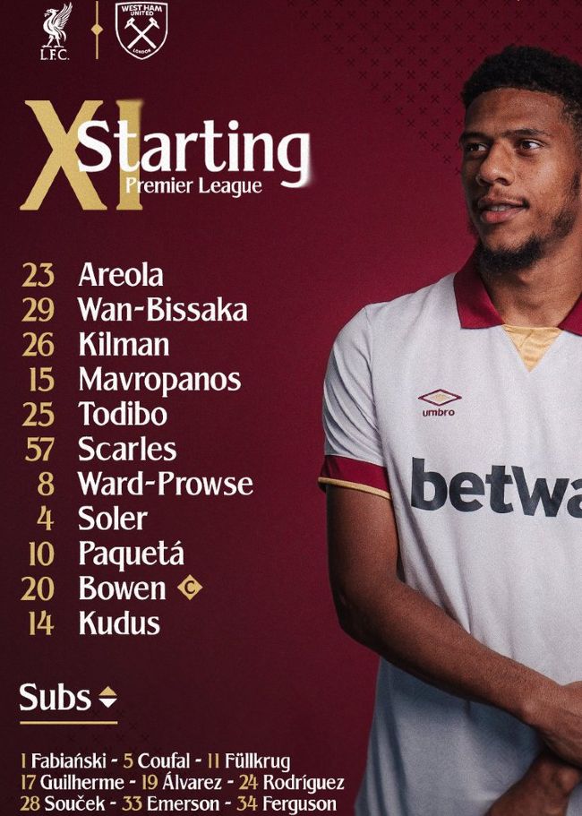West Ham United FC starting lineup vs LFC April 2025