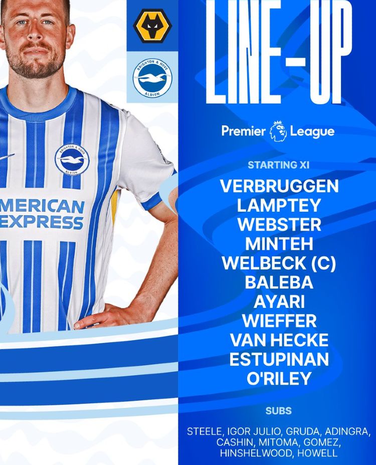Brighton & Hove Albion FC starting lineup vs Wolverhampton Wanderers FC 2025 May