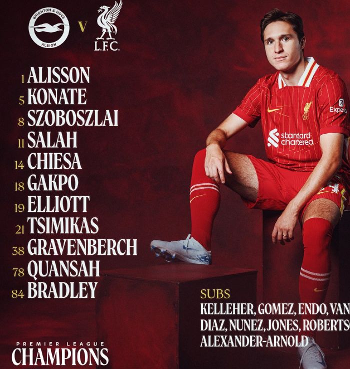 Liverpool FC starting lineup vs Brighton FC May 2025