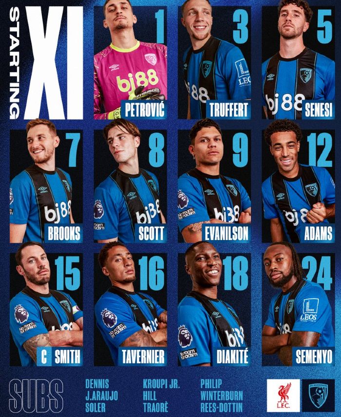 AFC Bournemouth starting lineup vs Liverpool 2025-26 season August