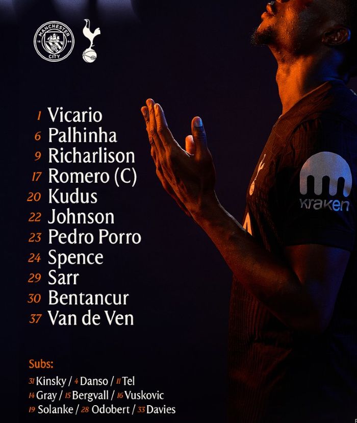 Tottenham Hotspur FC starting lineup vs Manchester City August 2025