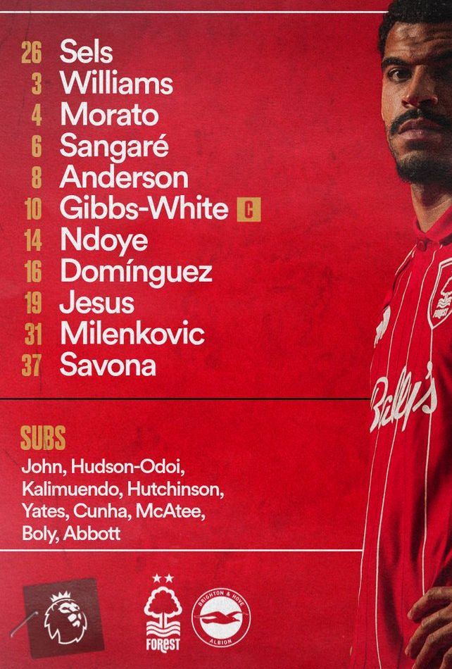 Nottingham Forest FC vs Brighton FC Lineups November 2025