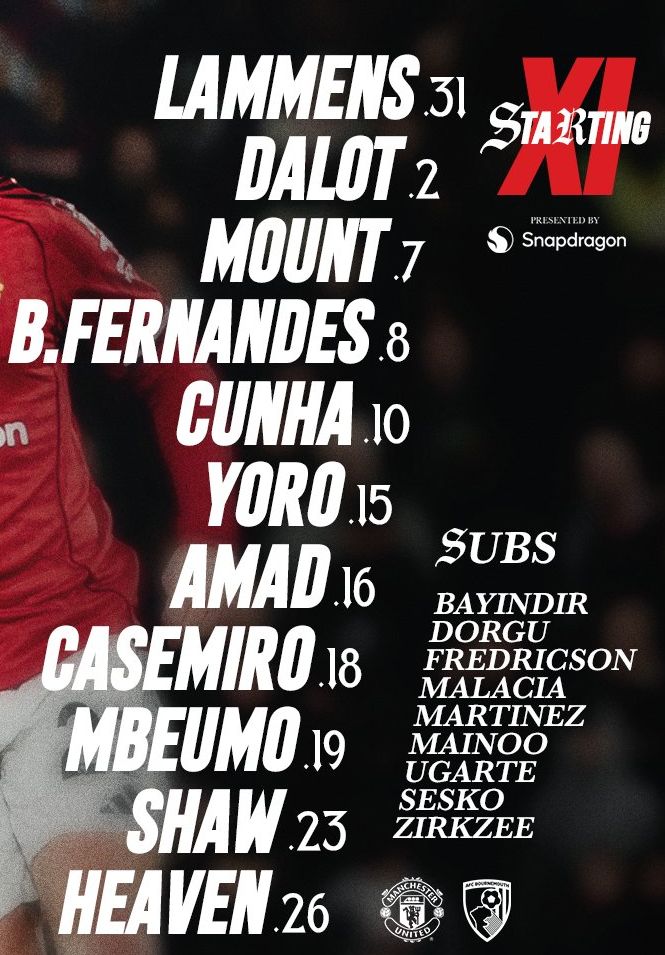 Manchester United FC vs AFC Bournemouth 4-4 Lineups December 2025