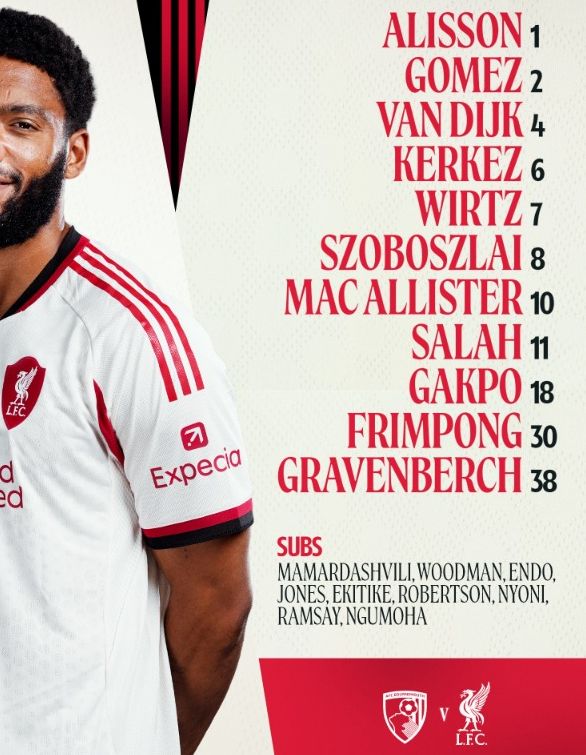 Liverpool FC starting lineup vs AFC Bournemouth January 2026