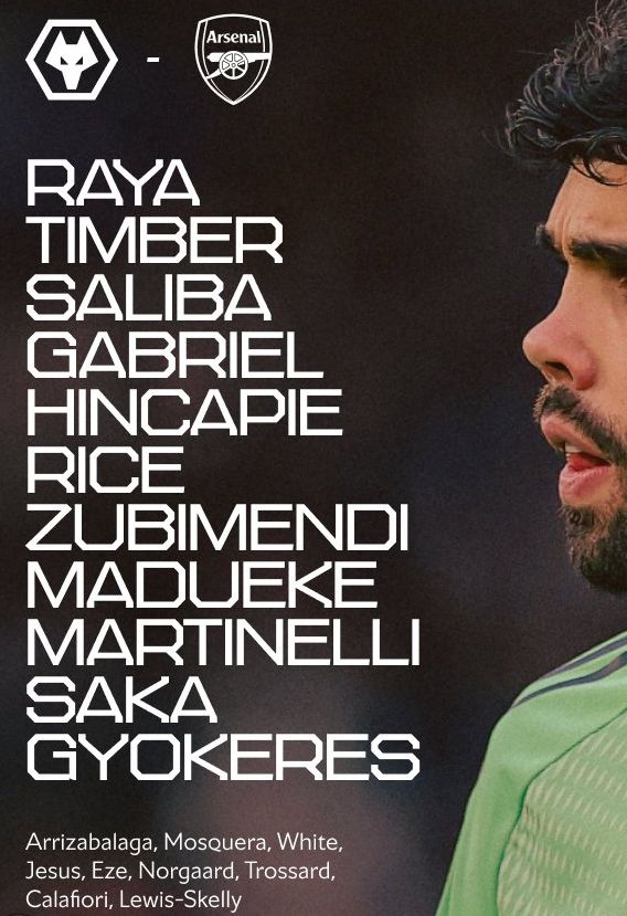 Arsenal FC starting lineup vs Wolves FC 2026