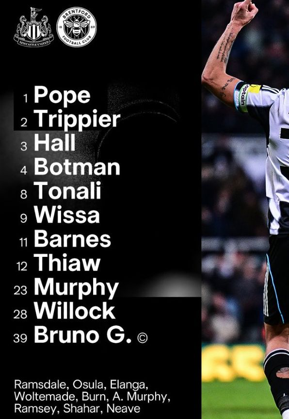 newcastle united fc vs brentford fc lineups 2026