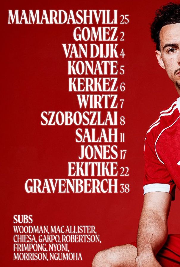 Liverpool FC starting lineup vs MCFC April 2026