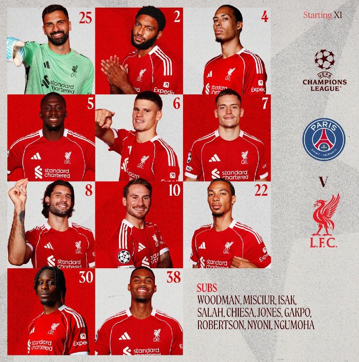 Liverpool FC starting lineup vs Paris SG 2026 April