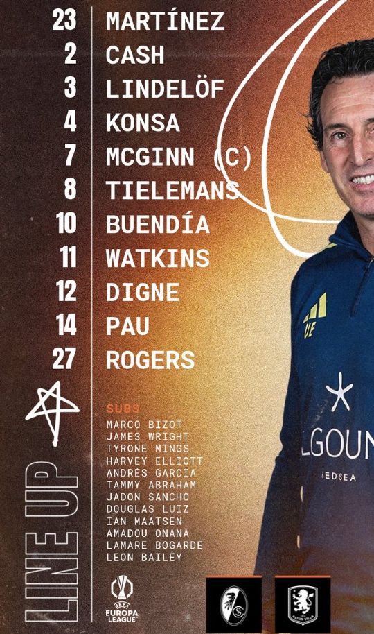 Aston Villa FC starting XI vs Freiburg FC 2026 UEL Final